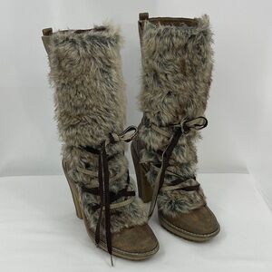 THE BUCKLE MUSTANG Faux Fur Lace-Up Heeled Boots - Brown WOMENS SIZE 37